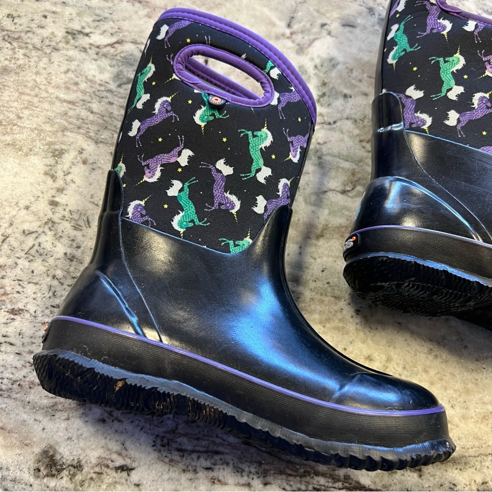 Bogs Kids Black Rain & Snow Boots with Purple and Teal Unicorns